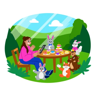 A girl with long brown hair is sitting at a wooden table in a lush green forest. She is focused on a digital tablet, creating a colorful illustration. The scene features several animals, including a gray rabbit wearing a small blue bow tie, a brown bear holding a teacup, and a cheerful fox wearing a tiny hat. The animals are gathered around the table, which is adorned with an array of colorful teacups and a cake stand filled with cupcakes. Sunlight filters through the trees, casting playful shadows on the ground.