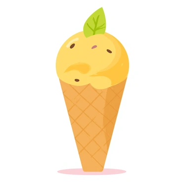 A scoop of "creamy passion fruit ice cream" resting in a "crunchy waffle cone." The ice cream has a vibrant yellow-orange color with flecks of dark seeds visible throughout. The waffle cone is textured with a crisscross pattern, adding detail to the image. The scene is topped with a bright green mint leaf placed on the ice cream, enhancing the freshness of the dessert. Soft shadows fall beneath the cone, creating depth in the illustration.