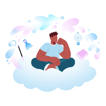 A person is sitting on a fluffy white cloud that is expansive and soft. Surrounding the person are various symbols representing creativity and ideas, such as light bulbs, paintbrushes, musical notes, and books. Each symbol is vivid and colorful, creating a vibrant atmosphere. The background features a gradient of pastel colors that blend seamlessly, enhancing the feeling of inspiration and personal growth. The person's posture is relaxed and contemplative, reflecting a moment of deep thought and creative exploration.