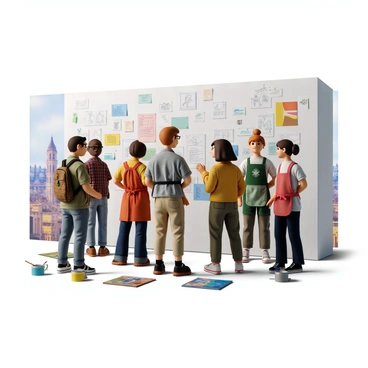 A group of illustrators standing together, each representing different regions of the UK. They are gathered around a large, blank wall, discussing their ideas for a mural. Each illustrator has unique clothing that reflects their regional culture, such as a Scottish tartan scarf, a Welsh dragon pin, an English rose apron, and a Northern Irish emblem. The wall is covered with sketches and colorful swatches indicating their planned artwork. There are art supplies scattered around, including brushes, paint pots, and notepads filled with design concepts. In the background, a vibrant cityscape is faintly visible, providing context to their collaborative efforts.