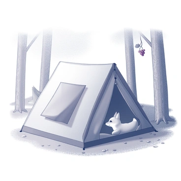 A camping scene set in a forested area with a tent pitched on the ground. The tent has a flap slightly open, and a fox with a bushy tail and alert ears is peeking out. Its eyes are focused on a bunch of grapes dangling from a nearby vine. The ground is covered with grass and small pebbles, while the background features tall trees with textured bark. Sunlight filters through the leaves, creating dappled shadows on the ground.