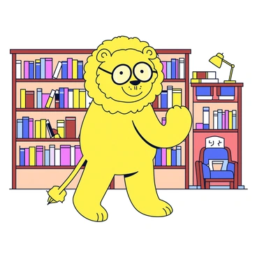 A lion with a golden mane is wearing round spectacles perched on its nose. The lion is standing upright, using its paw to organize books on a wooden shelf. The library has warm wooden tones and various books in bright colors lining the shelves. A small reading nook is visible in the background, featuring a comfortable armchair and a reading lamp. The lighting in the library is soft, creating a cozy atmosphere.