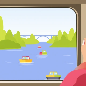 A river with a smooth surface reflecting the blue sky flows gently below. On the river, there are several colorful boats gliding across the water. A bus window frames this scene, with the edges of the window highlighted. The bus's interior is partially visible, showing a glimpse of a passenger's hand resting against the glass. In the background, a bridge arches over the river, connecting the two riverbanks lined with green trees and bushes.