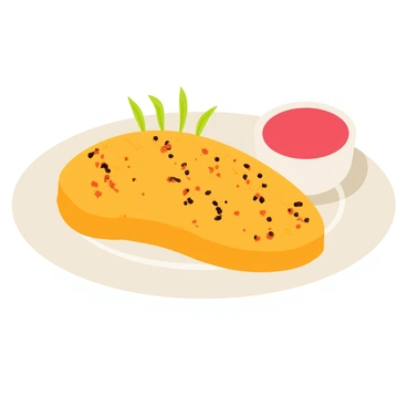 A chicken breast with a golden-brown exterior, coated evenly with a layer of dark smoky chipotle seasoning. The surface has a slightly rough texture from the seasoning, with specks of red and brown. The chicken breast is placed on a white plate, accompanied by a few sprigs of fresh green herbs for garnish. A small bowl of spicy dipping sauce is positioned beside the plate, enhancing the visual appeal of the dish.