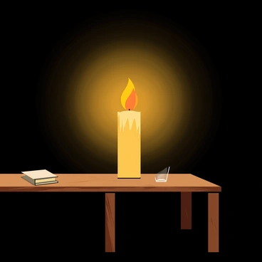 A single candle with a tall, slender wax body and a bright orange flame is positioned in the center of a dark room. The flame casts a warm glow, creating a soft circle of light around it. Shadows dance on the walls, highlighting the texture of the rough surface. The light reflects off a nearby wooden table, where a few scattered books and an empty glass sit. The atmosphere feels intimate, with the flickering flame as the sole source of illumination in the otherwise shadowy space.