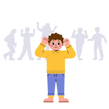 A child with hands over their ears, with faint silhouettes of laughing children in the background