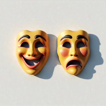 Two theater masks are displayed on a textured wall. The first mask, on the left, has a broad smile, capturing a joyful expression, while the second mask, on the right, features a downturned mouth and wide eyes, conveying sadness. The masks are painted in vibrant colors with intricate details outlining their features. Soft shadows play across the wall, enhancing the three-dimensionality of the masks.