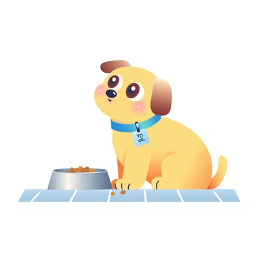 A small golden puppy is sitting next to a stainless steel food bowl on a light wooden floor. The puppy has big, expressive brown eyes and its ears are perked up in anticipation. The food bowl is filled with dry kibble and there are a few pieces scattered on the floor nearby. The puppy's tail is wagging excitedly as it looks up, waiting for its dinner to be served. A bright blue collar with a small tag is around its neck, adding a pop of color to the scene.