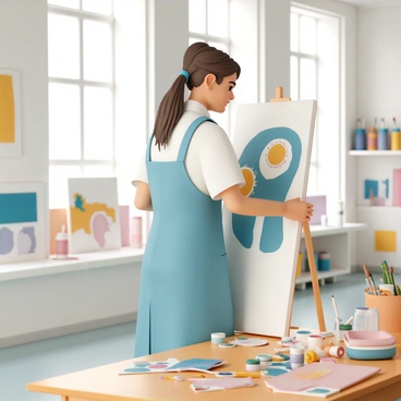 A woman, in her late twenties, wearing a blue apron over a white shirt, stands in a spacious art studio filled with vibrant colors. She has long brown hair tied in a loose bun and is focused on creating a beautiful piece of art on a large canvas in front of her. Surrounding her are various paint tubes and brushes scattered on a wooden table. The studio is filled with natural light streaming through tall windows, casting soft shadows on the floor. In the background, there are shelves lined with completed artworks and jars filled with brushes, adding to the creative atmosphere.