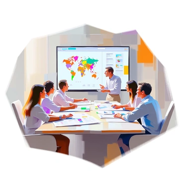 A strategic planning session taking place in a modern conference room. A large table is covered with various maps and graphs that illustrate future goals for a joint venture. The maps are detailed, showing geographic regions with marked outlines and annotations. The graphs are colorful, displaying projected growth and success metrics. Several professionals, including a diverse group of individuals with varying ethnicities, are gathered around the table, discussing the materials with focused expressions. A large presentation screen in the background displays a digital presentation related to the joint venture’s strategy.