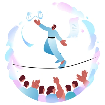 A performer is balancing on a tightrope, dressed in a colorful costume that enhances their movement. They are skillfully juggling various symbols representing government balance, such as a small scale, a gavel, and a scroll. The tightrope is suspended high above a crowd, with vibrant banners and flags waving in the air. Below, the audience watches in awe, with some people holding their hands up, while others are clapping. The background is filled with soft, gradient pastel colors that create a harmonious atmosphere.