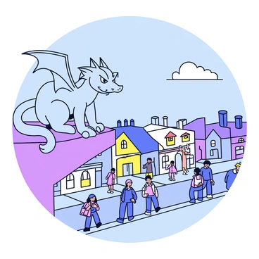 A gargoyle perched on a rooftop, watching the bustling streets below