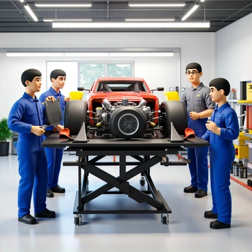 A group of mechanics in a well-equipped garage are focused on upgrading a high-performance engine for a race car. One mechanic, with short black hair and wearing a blue jumpsuit, is carefully adjusting the timing belt with a wrench. Another mechanic, with glasses and a gray t-shirt, is examining the engine's air intake system, holding a digital gauge. The race car is positioned on a hydraulic lift, showcasing its sleek body and vibrant racing colors. Tools and parts are organized on the workbench, with pistons and spark plugs visible. Bright overhead lights illuminate the scene, highlighting the intricate details of the engine components.