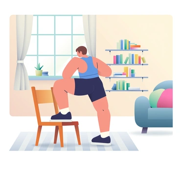 A person with light skin and short brown hair is performing step-up exercises on a wooden chair in a cozy living room. They are wearing black athletic shorts and a fitted blue tank top. The chair is placed on a light-colored area rug with a subtle pattern. In the background, there is a bookshelf filled with books and a few potted plants. A large window lets in natural light, illuminating the soft textile curtains. The walls are painted a warm cream color, and a comfortable sofa is visible to the side, adorned with colorful cushions.