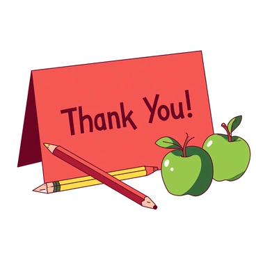 A red thank you card is prominently displayed, featuring a decorative border of green apples and yellow pencils. The card is open, revealing a handwritten message that expresses gratitude. The apples are shiny, with a green leaf attached to each one, while the pencils are sharpened and arranged in an alternating pattern around the edges. The background behind the card is a soft white, enhancing the vibrant colors of the apples and pencils.