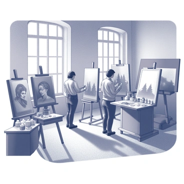 A Renaissance workshop filled with activity and creativity. Several artists are working diligently at easels, each painting on large canvases. One artist is focused on a portrait, capturing the likeness of a subject with fine detail. Another is immersed in a landscape, blending various shades to create depth and perspective. The room is cluttered with art supplies, including paintbrushes, palettes, and jars filled with paint. There are unfinished canvases leaning against the walls, and the atmosphere is alive with the sound of conversation and the scent of oil paint. Natural light filters through large windows, illuminating the workspace.