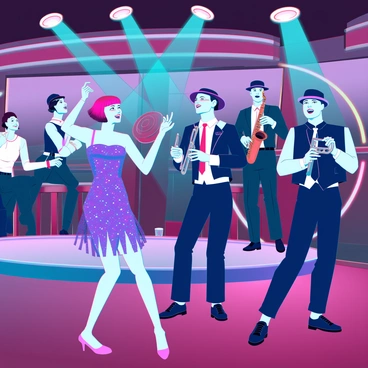 A bustling 1920s jazz club filled with lively energy. Elegant flappers with bobbed hair, wearing sequined dresses, are dancing energetically on the polished wooden floor. Some flappers are laughing and chatting at small round tables adorned with vintage tablecloths. A jazz band consisting of musicians playing a trumpet, saxophone, and double bass is positioned on a small stage, wearing sharp suits and fedoras. Colorful lights reflect off the vibrant atmosphere, highlighting the joy and excitement of the scene. The air is filled with the sounds of music and laughter, creating a sense of celebration.
