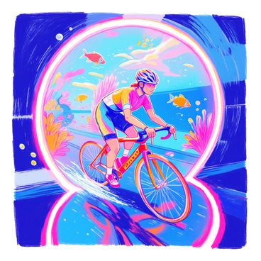 A cyclist is positioned on a sleek sports bike, showcasing an aerodynamic frame and vibrant colors. The cyclist is wearing a fitted helmet and cycling gear, with water droplets glistening on the surface. Surrounding them is a futuristic underwater tunnel, illuminated by glowing neon lights in various hues illuminating the transparent walls. Fish and marine life are visible swimming alongside the tunnel, creating a dynamic sense of motion. Bubbles trail behind the bike as it glides through the water, adding to the vibrant atmosphere of the scene.