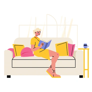 Marilyn Monroe sitting comfortably on a plush, light-colored couch with soft cushions. She is wearing a stylish, fitted dress that accentuates her figure. In her hands, she holds an open book, her gaze focused on the pages as she reads. The couch is placed beside a large window, with sunlight streaming in, creating a warm glow around her. A few decorative pillows are scattered on the couch, and a small table beside her holds a cup of coffee.