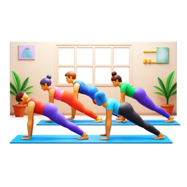 A group of five people performing push-ups on yoga mats. Each person exhibits different characteristics, such as varying hair colors and athletic build. The yoga studio features soft, ambient lighting and large windows allowing natural light to filter in. The walls are decorated with calming artwork, and there are potted plants strategically placed around the studio. Each person is focused on their form, emphasizing the concentration and effort involved in the exercise.