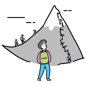 A hiker with a green backpack, wearing a red jacket and blue jeans, stands at the base of a rugged mountain. The hiker has short brown hair, and a look of admiration is on their face as they gaze upward. In the distance, several climbers, dressed in various colorful climbing gear, are scaling the steep, rocky slope towards the summit. The mountain, towering above, has patches of white snow at its peak and rocky outcrops along the sides. The sky is clear with a few scattered clouds, highlighting the impressive height of the mountain.