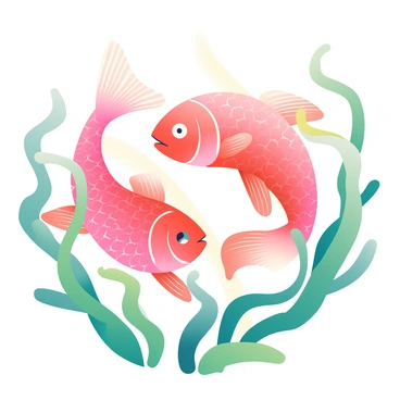 A pair of vibrant redfish is swimming gracefully through lush, green seaweed. The fish have shimmering scales that reflect the light as they twist and turn in the water. Their fins are spread wide, creating a sense of elegance as they navigate the underwater landscape. The seaweed sways gently with the movement of the water, framing the fish as they dance together in a harmonious display. Soft light filters through the surface of the water, casting a gentle glow on the scene.