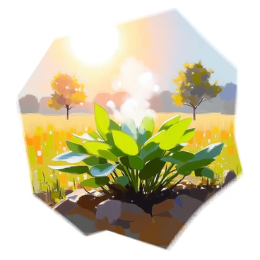 A sunlit field filled with lush green plants actively releasing moisture into the air. The sunlight filters through the leaves, creating a warm glow. Wisps of vapor can be seen rising from the foliage, highlighting the process of evapotranspiration. In the background, a few distant trees stand tall, and the ground is covered with soft grass, contributing to the vibrant ecosystem. The scene captures the dynamic interaction between the plants and the atmosphere.