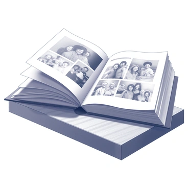 An open photo album resting on a wooden table. The album displays several black and white family photographs, capturing moments of joy and togetherness. The pages of the album are slightly curled at the edges, showing signs of age and frequent handling. The wooden table has a natural grain pattern, adding texture to the scene. Soft shadows are cast across the surface, giving depth to the arrangement. The photographs depict various family gatherings and events, framed in simple borders.