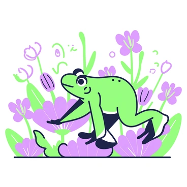 A green frog is hopping across a flower garden filled with various flowers in full bloom. The flowers have different shapes and sizes, with petals that spread out in vibrant patterns. Some flowers are tall, while others are smaller, creating layers in the garden. The frog is mid-leap, with its legs extended and droplets of dew glistening on the petals nearby. In the background, there are soft green leaves providing contrast to the colorful flowers, enhancing the lively atmosphere of the scene.
