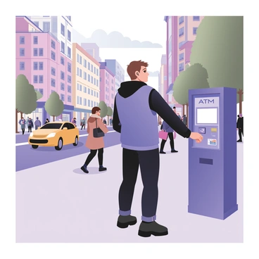 A person is standing in front of an ATM on a busy city street. The individual has light skin, short brown hair, and is wearing a blue jacket with a hood, dark jeans, and black sneakers. They are focused on the ATM screen, with one hand reaching toward the keypad and the other holding a bank card. In the background, there are several pedestrians walking by, some are carrying shopping bags. Tall buildings line the street, with colorful storefronts and large glass windows reflecting the activity around. A bright yellow taxi is passing by on the road. The sky is clear with a few clouds, and there are green trees lining the sidewalk.