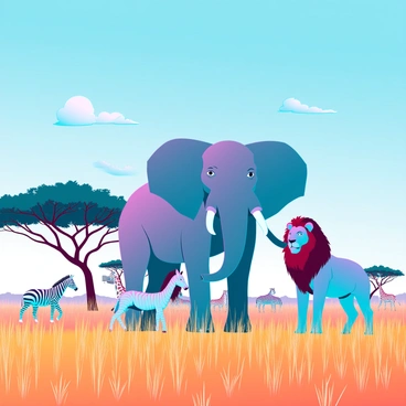 A variety of animals including a majestic elephant with large ears and a powerful trunk, and a proud lion with a flowing mane, are present in an expansive savanna landscape. The ground is covered with golden grass that sways gently in a light breeze. Scattered acacia trees provide shade, and a bright blue sky with a few fluffy clouds stretches overhead. Other animals like zebras and giraffes can be seen grazing in the distance, contributing to the scene of harmony among wildlife. The sun casts warm light over the scene, highlighting the vibrant colors of the animals and the landscape around them.