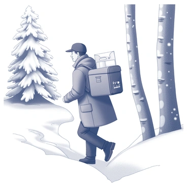 A postman dressed in a heavy jacket, boots, and a warm hat is trudging through deep snow. The snow is piled high around his legs, and his footprints create a trail behind him. He carries a large bag over one shoulder filled with letters and packages. Surrounding him are tall trees, their branches heavy with thick layers of snow. The ground is blanketed in white, and a few snowflakes can be seen falling lightly from the sky. The scene conveys a sense of winter's chill and the determination of the postman.