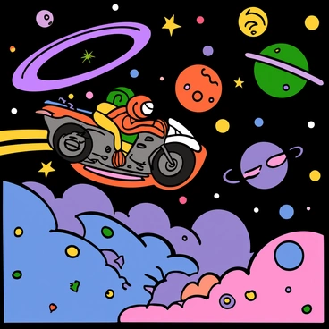 A speed bike with a sleek design and shiny chrome accents is soaring through a vibrant space-themed landscape. The bike is surrounded by a multitude of colorful stars and swirling nebulae. In the background, there are various planets of different sizes and colors, some with rings and others with craters. The bike leaves a trail of glowing light as it zooms past, emphasizing its high speed. The scene captures a sense of movement and adventure in the vastness of space.