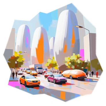 A bustling city filled with towering skyscrapers that resemble various types of beans, such as kidney beans, black beans, and pinto beans. The buildings are creatively designed with smooth, rounded shapes and vibrant colors reflecting the hues of the beans. Below, streets are crowded with vehicles that are also inspired by beans, including cars shaped like lentils and trucks resembling large, oval beans. The scene is lively, with pedestrians walking along the sidewalks amidst the unique architecture and diverse transportation. Bright sunlight casts shadows of the bean-shaped structures onto the streets.