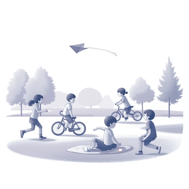 A group of children engaged in various activities in a park setting. One child is flying a brightly colored kite high in the sky, while another is riding a bicycle along a path. In the foreground, two children are playing tag, their expressions filled with excitement as they run. Nearby, a child is sitting on a picnic blanket, drawing with chalk on the pavement. The grass is lush and well-kept, with trees providing shade in the background. The scene captures a moment of playful interaction and carefree enjoyment.