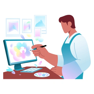 An artist painting a vibrant digital artwork on a touch screen monitor