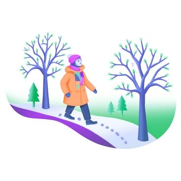 A person dressed in a thick, warm winter coat, wearing a knitted beanie and a colorful scarf, is walking briskly down a tree-lined path. The trees on either side are bare, their branches forming intricate patterns against the sky. The ground is covered in a light dusting of snow, and the person is leaving footprints behind. A few pine trees are visible in the background, adding to the winter scenery, while the path itself appears well-trodden and inviting.