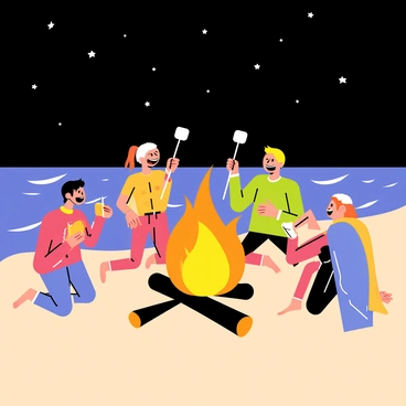 A bonfire on a sandy beach, with bright orange flames dancing in the center. Several friends are gathered around the fire, with two of them holding long sticks with marshmallows over the flames. One friend is laughing, and another is animatedly telling a story, while a third friend is sitting back, comfortably wrapped in a blanket. The sky overhead is dark, filled with shining stars, and the gentle waves of the ocean are visible in the background, softly reflecting the light from the fire.
