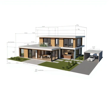 A detailed architectural drawing of a modern house presented on a 1/2 size illustration board. The house features a flat roof and large glass windows, allowing ample natural light to enter the interior. The exterior is composed of a combination of wood and concrete materials, providing a sleek and contemporary look. The layout includes an open floor plan with clearly defined areas for the living room, kitchen, and dining space. The surrounding landscape includes a small garden with low-maintenance plants, and there is a driveway leading to a carport beside the house. The drawing includes precise measurements and annotations indicating dimensions and materials used.