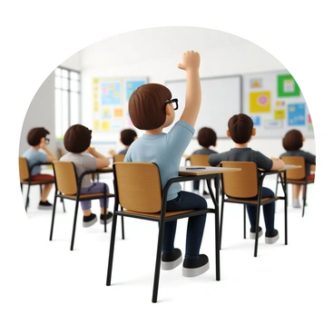 A student sitting at a desk in the second seat in a classroom. The student has short brown hair and is wearing glasses, with a light blue shirt and dark jeans. They are eagerly raising their hand high above their head to answer a question. The classroom is filled with colorful posters on the walls, and a whiteboard is visible in the front. Other students in the background are seated at their desks, focused on the teacher at the front.