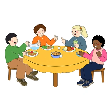 A group of four children sitting around a round wooden table. Two boys and two girls are smiling and chatting. One boy has short black hair and is reaching for a plate filled with colorful slices of apples and oranges. The other boy has curly brown hair and is holding a handful of whole-grain crackers. One girl with blonde pigtails is pouring some water from a clear pitcher into a small cup, while the other girl with straight black hair is showing a thumbs-up, her plate filled with grapes and carrot sticks. The table is covered with a bright tablecloth, and there are small bowls placed on the table, each containing different healthy snacks.