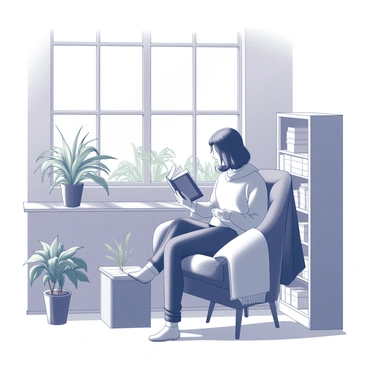 An introverted person sits comfortably in a reading nook. The person has their legs tucked beneath them, engrossed in a book held in both hands. The nook is filled with various indoor plants, creating a lush, green environment. Sunlight streams through a nearby window, casting soft shadows. A small bookshelf stands against the wall, cluttered with more books. A cozy blanket is draped over the back of the chair, adding to the inviting atmosphere.