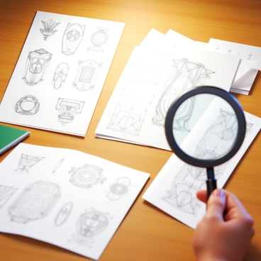 A close-up view of several pencil sketches laid out on a wooden table. The sketches display intricate details of various designs. Nearby, a set of proofs is arranged, showcasing different variations of the sketches. A hand is seen holding a magnifying glass, inspecting one of the sketches closely. Soft lighting casts shadows across the table, highlighting the textures of the paper and the fine lines of the pencil drawings.