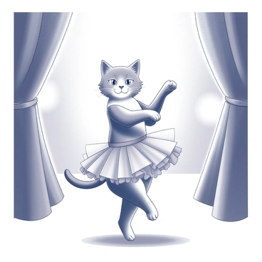 A cat dressed in a tutu is performing ballet on a stage. The cat is poised on its hind legs, with its front paws elegantly raised, showcasing a ballet pose. The tutu is fluffy and voluminous, creating a dramatic effect as it moves. The stage is adorned with curtains that frame the scene, and there are soft lights illuminating the cat and the backdrop. The atmosphere suggests a lively performance, capturing the grace and precision of the dance.