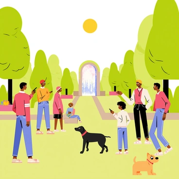 A bustling city park filled with green trees and vibrant flower beds. In the center of the park, there is a "mysterious portal" shimmering with multicolored light. A diverse group of people, including adults and children, are stopping to gaze in wonder at the portal, their faces showing curiosity and amazement. Some people are pointing at the portal, while others are whispering to each other. A little dog is sitting next to a child, watching the scene with interest. The sky above is clear, and the sun is shining brightly, casting soft shadows on the grass.