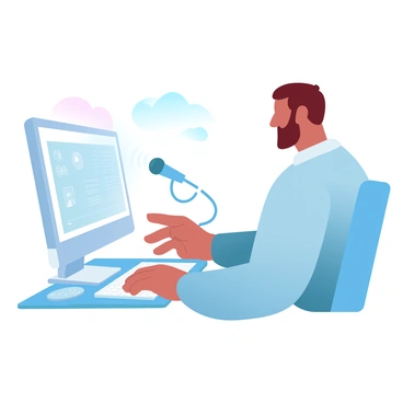 A visually impaired person is sitting at a desk, interacting with a voice-controlled computer. The individual has short hair and is wearing a comfortable sweater. The computer screen displays a glowing interface with icons and text. A wireless microphone is positioned in front of the person, capturing their voice commands. On the desk, there are various assistive devices, including a Braille display and a tactile keyboard. The background features soft gradient pastel colors, enhancing the focus on the individual and the technology they are using.