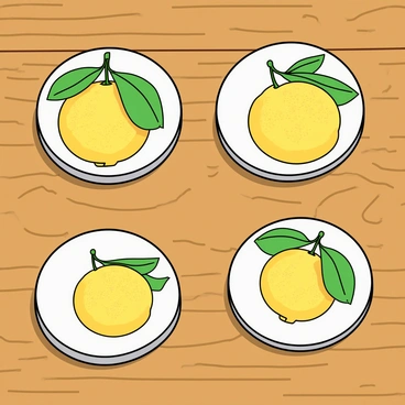 A set of four round coasters placed neatly on a wooden coffee table. Each coaster features a vibrant illustration of a citron, showcasing its bumpy yellow skin and bright green leaves. The table's surface has a natural wood grain that adds warmth to the scene. The coasters are arranged in a circular pattern, with a slight shadow cast beneath them, giving a sense of depth. A few subtle reflections of light can be seen on the coasters’ smooth surface, enhancing their visual appeal.
