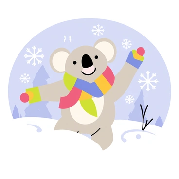 A koala with soft, gray fur is wearing a colorful scarf and matching mittens. The koala is joyfully playing in a blanket of white snow, with its arms raised as it catches snowflakes falling around it. Large, fluffy snowflakes gently descend from a light blue sky, adding to the winter scene. In the background, there are snow-covered trees, creating a cozy atmosphere.