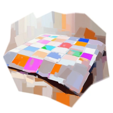 A large, intricately designed quilt spread out flat. The quilt consists of numerous patches, with one quarter of its patches featuring a distinct contrasting color pattern. The patches are arranged in a grid, showcasing a variety of textures and designs. The majority of the quilt displays soft, muted colors, while the contrasting patches include bold, vibrant hues that catch the eye. The quilt is laid upon a wooden floor, with natural light casting gentle shadows across its surface.