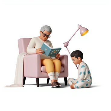 A grandparent reading a story to their attentive grandchild under a cozy blanket